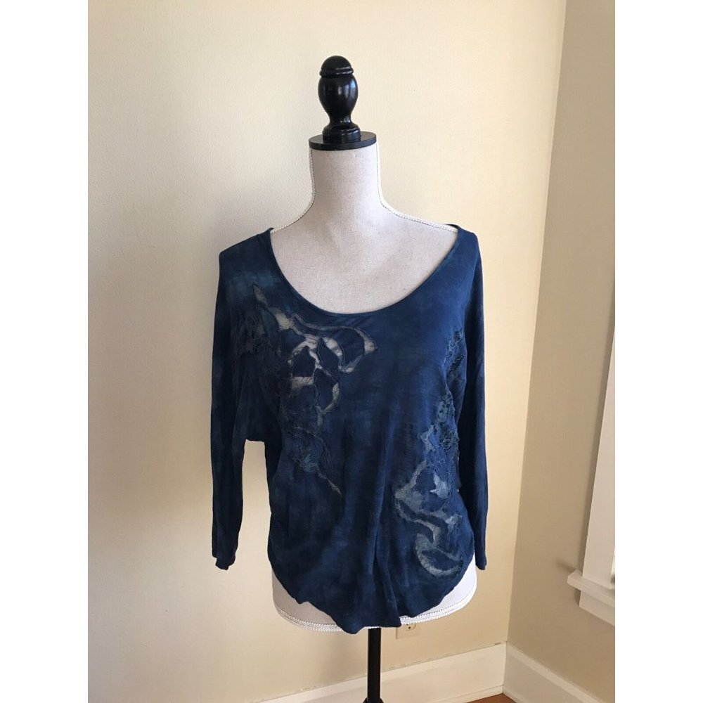 Free People Blue Loose-Fitting Flowy Top with Lace